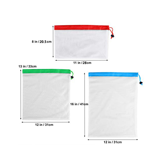 RPET Mesh Produce Storage Bags Set With Drawstring For Shopping,Travel Or Any Household Item